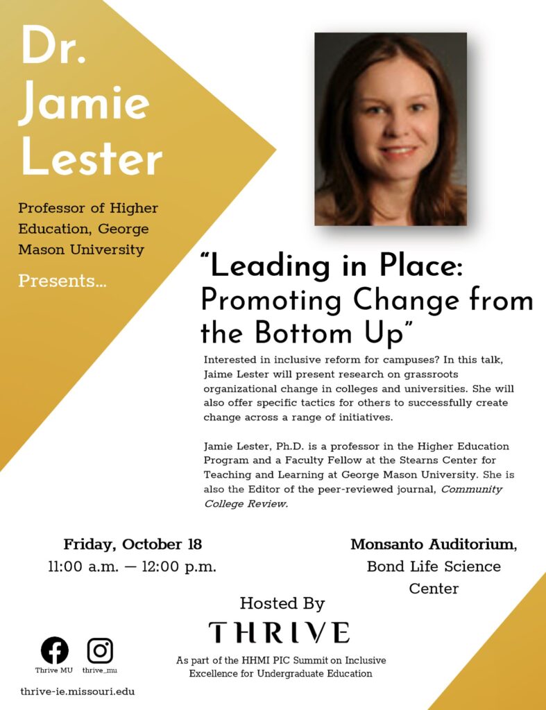 Leading in Place: Promoting Change from the Bottom Up: Interested in inclusive reform for campuses? In this talk, Jamie Lester will present research on grassroots organizational change in colleges and universities. She will also offer tactics for others to successfully create change across a range of initiatives.